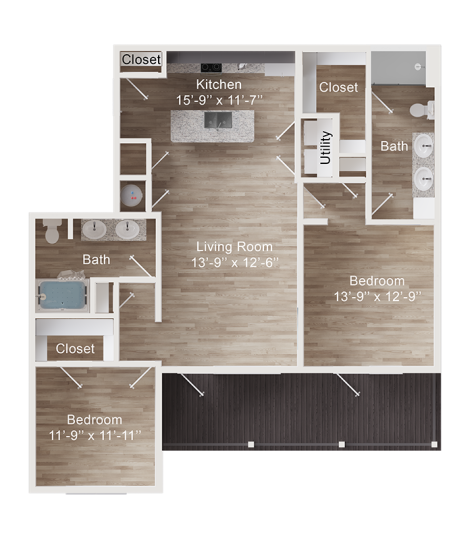 floor plan image of the two bedroom apartment at The Rushcreek
