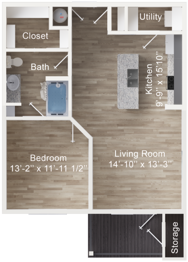 floor plan image of the one bedroom apartment at The Rushcreek