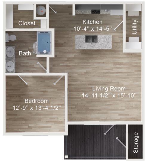 floor plan image of the one bedroom apartment at The Rushcreek