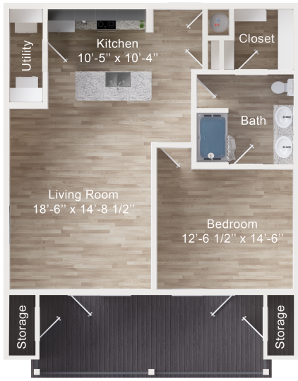 floor plan image of the one bedroom apartment at The Rushcreek