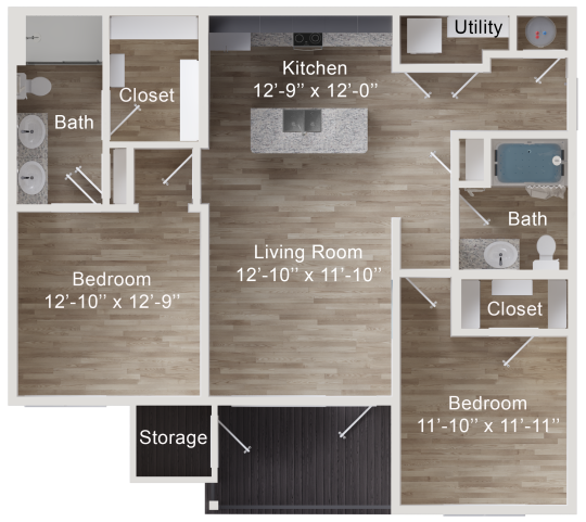 the floor plan for a two bedroom apartment at The Rushcreek