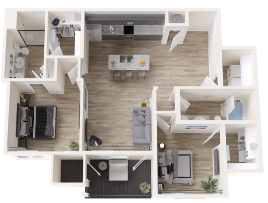 a 3d rendering of a two bedroom apartment at The Rushcreek