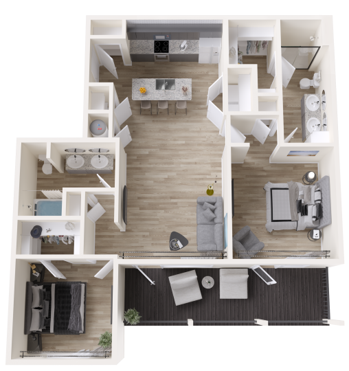 a 3d rendering of a two bedroom apartment at The Rushcreek