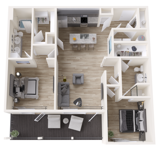 a 3d rendering of a two bedroom apartment at The Rushcreek