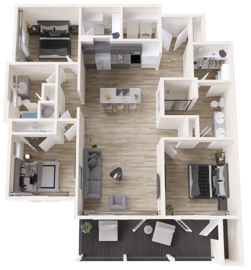 a 3d rendering of a two bedroom apartment at The Rushcreek